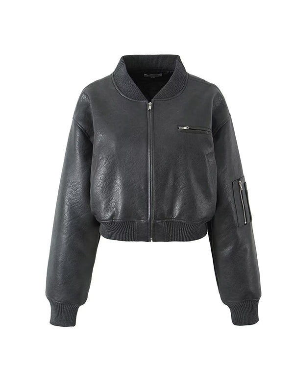 Quilted Solid Color Zipper Stand Collar PU Outerwear Jackets