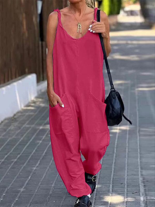 Loose Sleeveless Solid Color Spaghetti-Neck Jumpsuits