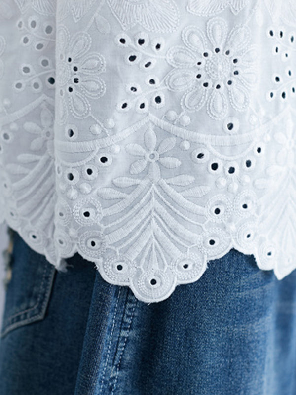 Hollow Print Loose Three-quarter Sleeves Round-neck Blouses&shirts Tops