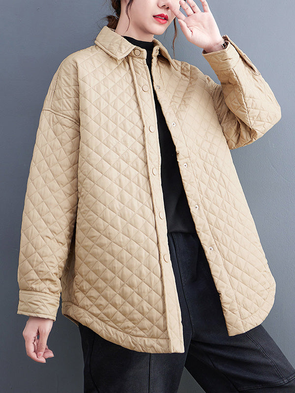Loose Long Sleeves Buttoned Solid Color Lapel Collar Padded Outerwear