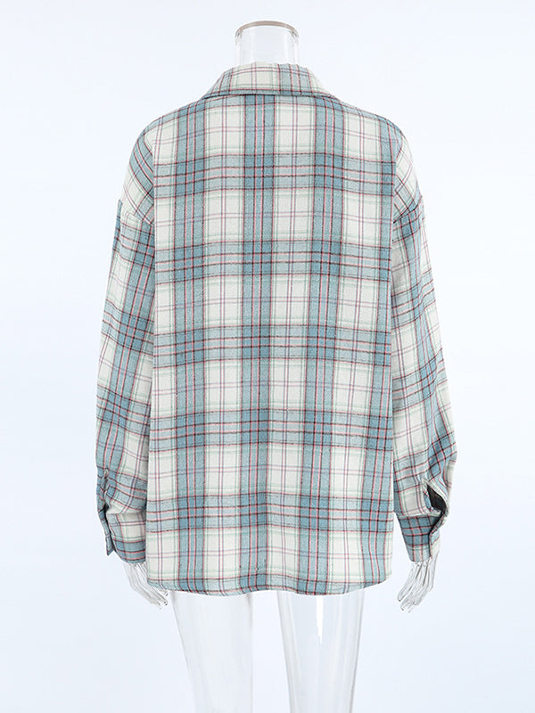 Buttoned Plaid Pockets Long Sleeves Loose Lapel Outerwear Blouses&Shirts Tops