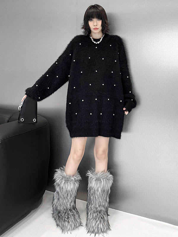 Beads Contrast Color Shiny Split-Joint Long Sleeves Loose Round-Neck Sweater Dresses Mini Dresses