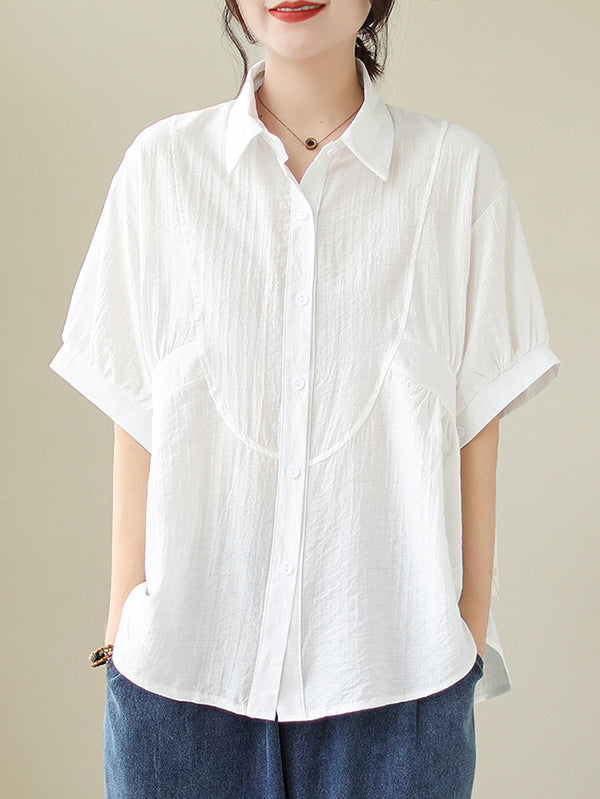 Pleated Solid Color Split-Joint Half Sleeves Loose Lapel Blouses&Shirts Tops