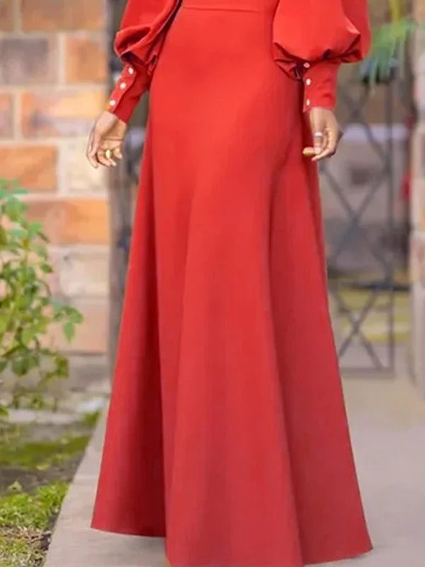 Buttoned Hollow Solid Color Split-Joint Long Sleeves Loose Round-Neck Maxi Dresses