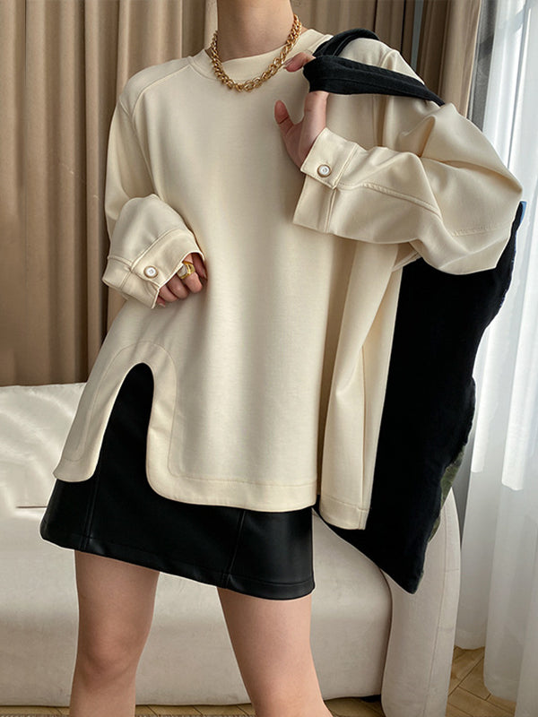Cropped Loose Split-Side Solid Color Round-Neck T-Shirts Tops
