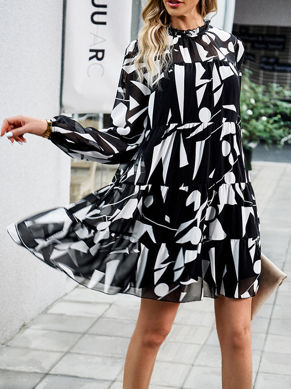 Printed Split-Joint Tied A-line High Waisted Mock Neck Mini Dresses