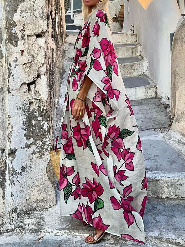 Flower Print Split-Joint Split-side Tied Waist Batwing Sleeves Long Sleeves Round-neck Maxi Dresses