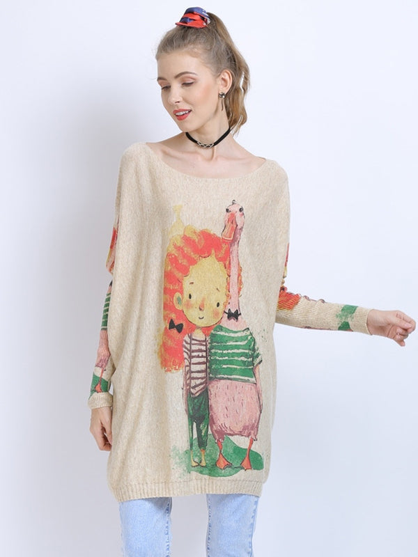 Urban Loose Batwing Sleeves Cartoon Printed Pullover