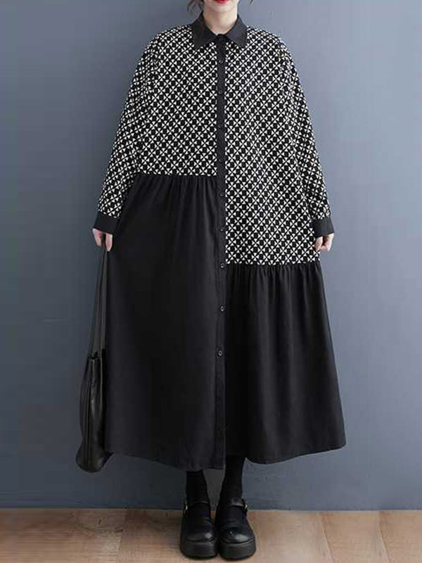Asymmetric Buttoned Pleated Printed Split-Joint A-Line Long Sleeves Lapel Midi Dresses