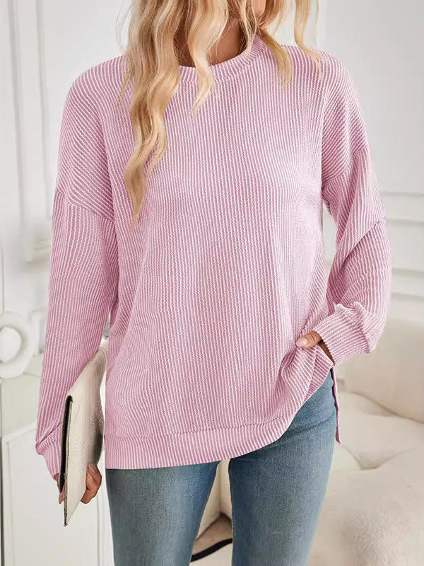 Pleated Solid Color Split-Joint Split-Side High-Low Long Sleeves Round-Neck Sweatershirt