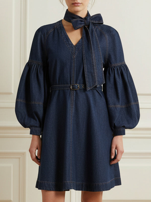 Long Sleeves Puff Sleeves Belted Bow-Embellished Solid Color V-Neck Mini Dresses