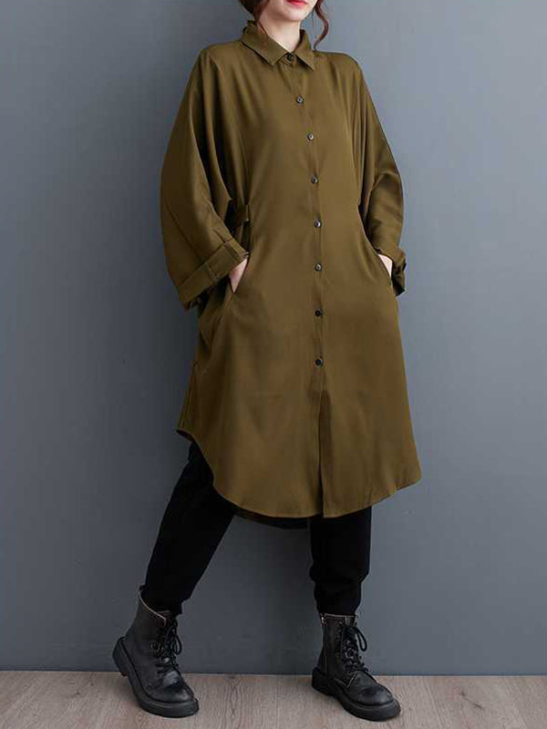 Buttoned Pleated Solid Color Split-Joint Tied Batwing Sleeves Long Sleeves Lapel Outerwear Midi Dresses