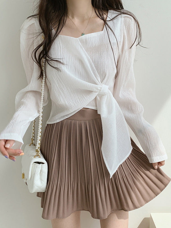 Original Solid Color Square-Neck Long Sleeves Tied Blouse