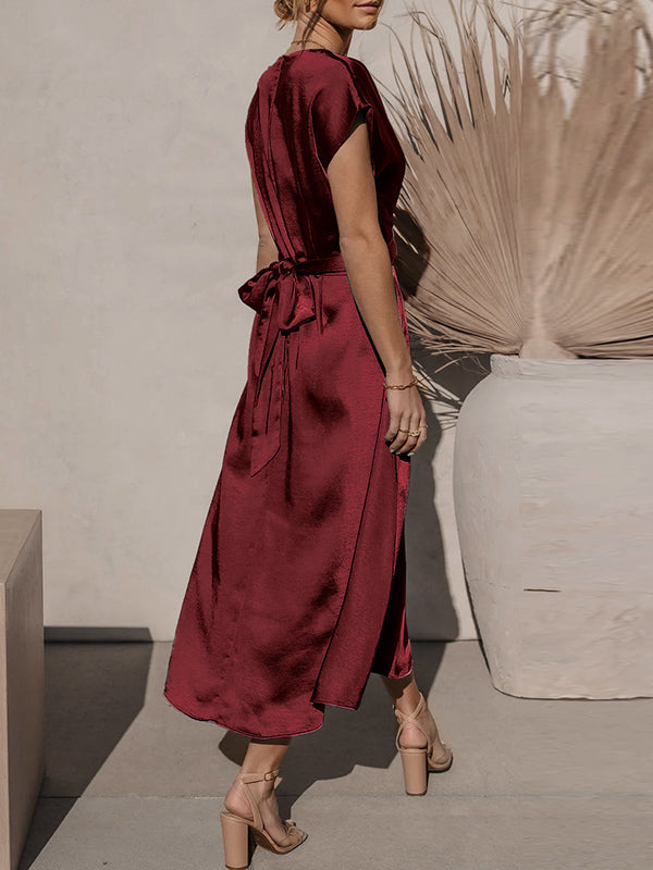 Solid Color Split-Joint Tied Waist Loose Short Sleeves Round-neck Midi Dresses