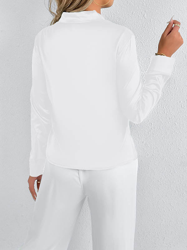 Solid Color Split-Joint Streamer Long Sleeves Loose Scarf Collar Blouses&Shirts Tops