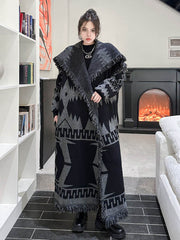 Contrast Color Geometric Split-Joint Tasseled Long Sleeves Loose Lapel Overcoat Outerwear
