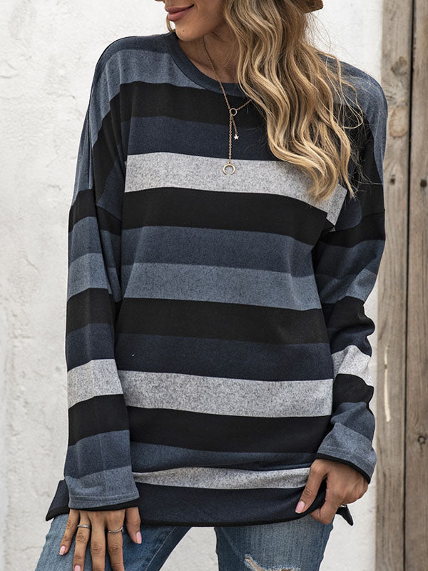 Split-side Striped Long Sleeves Loose Round-neck Sweatshirt Tops