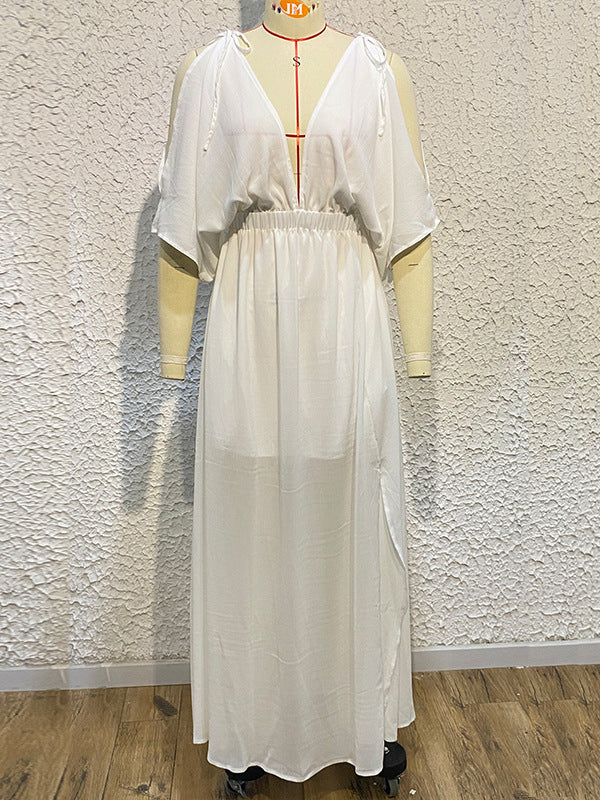 Solid Color Split-front Batwing Sleeves Loose Deep V-Neck Maxi Dresses