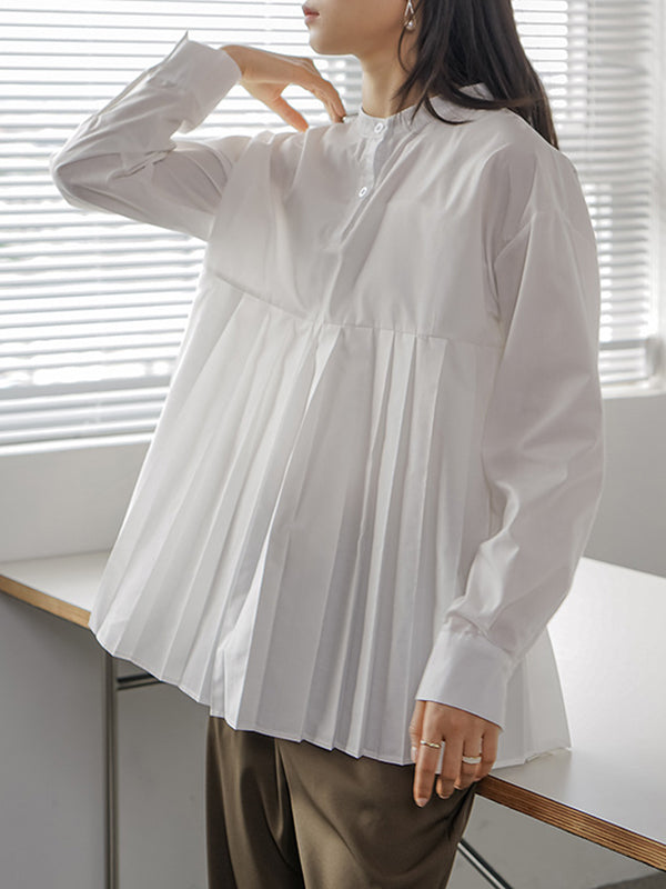 Buttoned Pleated Solid Color Long Sleeves Loose Round-Neck Blouses&Shirts Tops