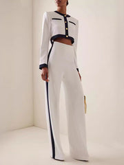 Buttoned Split-Joint Long Sleeves Round-Neck Blouses&Shirts Tops + High Waisted Pants Bottom Two Pieces Set
