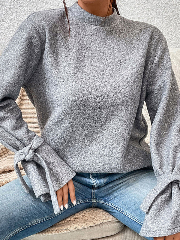 Casual Loose Long Sleeves Solid Color Stand Collar T-Shirts Tops