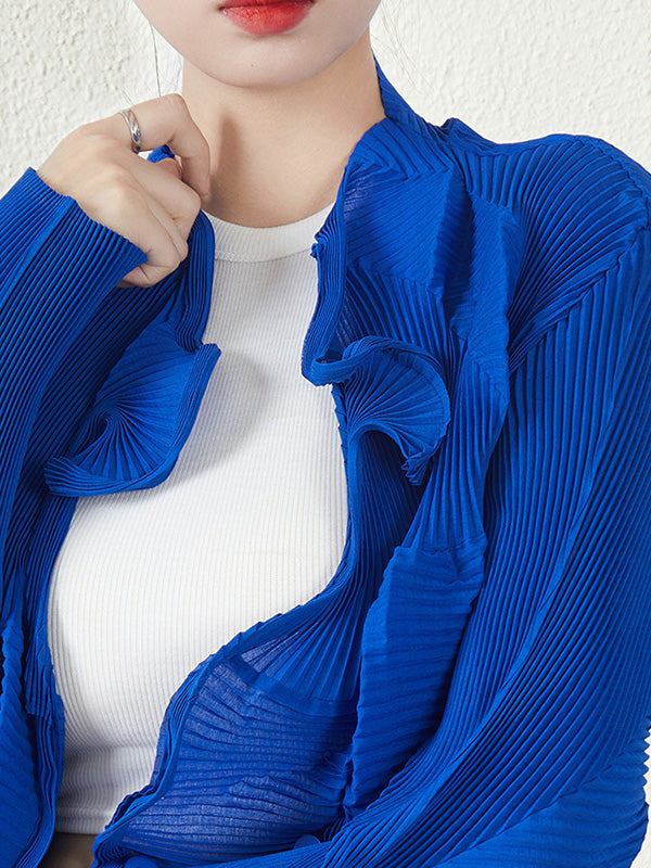 Original Creation Irregularity Long Sleeves Buttoned Pleated Solid Color Outerwear