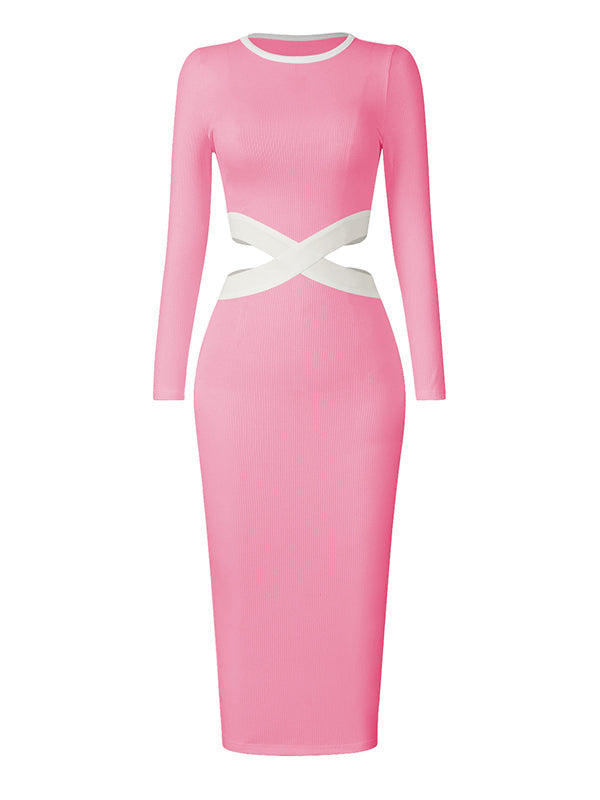 Hollow High Waisted Long Sleeves Round-Neck Midi Dresses