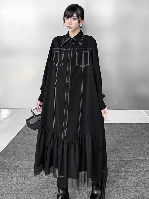 Asymmetric Buttoned Line Solid Color Split-Joint Irregularity Long Sleeves Lapel Shirt Dress Midi Dresses