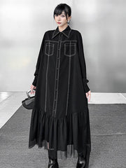 Asymmetric Buttoned Line Solid Color Split-Joint Irregularity Long Sleeves Lapel Shirt Dress Midi Dresses