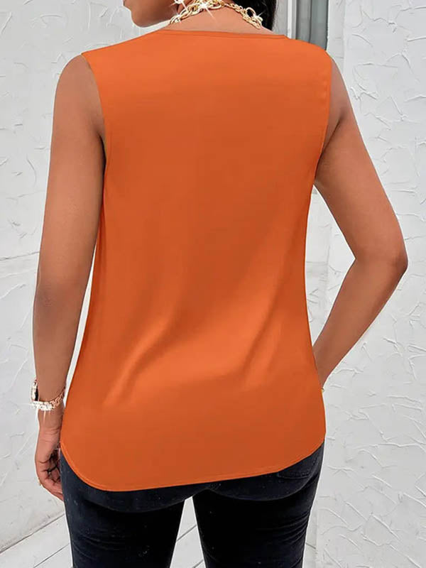 Pleated Solid Color Loose Sleeveless V-Neck Vest Top