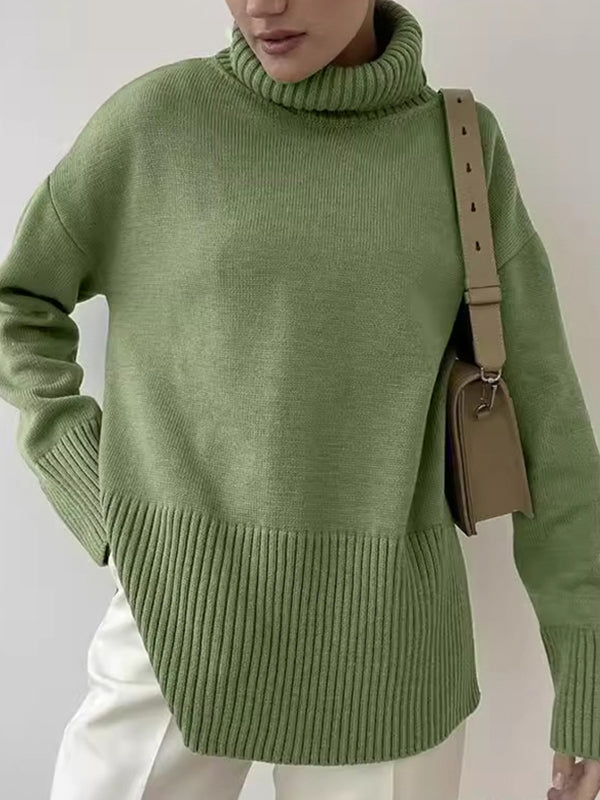 Pleated Solid Color Split-Side Long Sleeves Loose High Neck Sweater Tops
