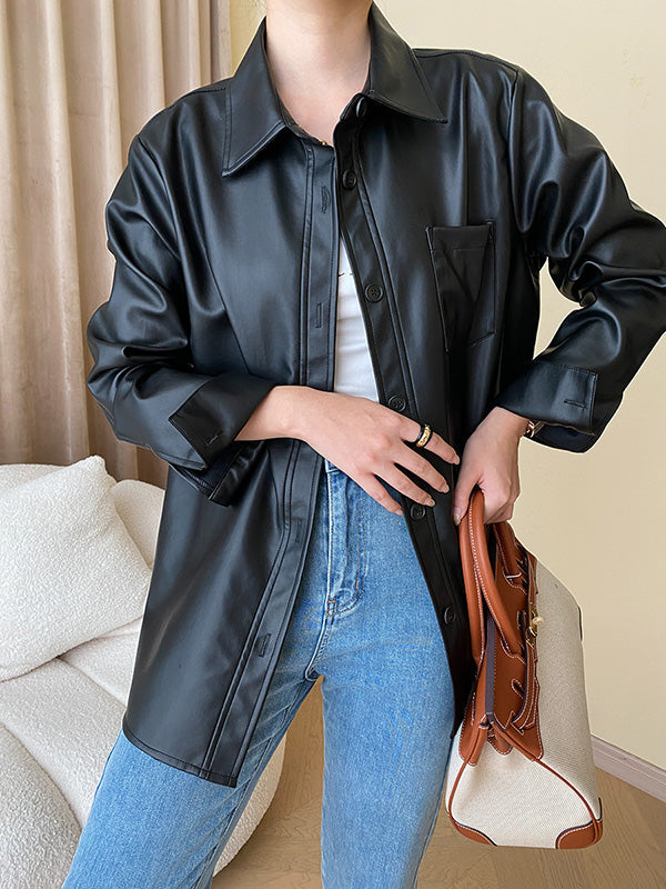Buttoned Pockets Solid Color Long Sleeves Loose Lapel Outerwear Jackets
