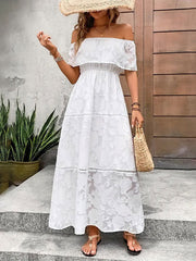 Elasticity Flower Print See-Through Solid Color Split-Joint A-line Loose Off-the-shoulder Midi Dresses