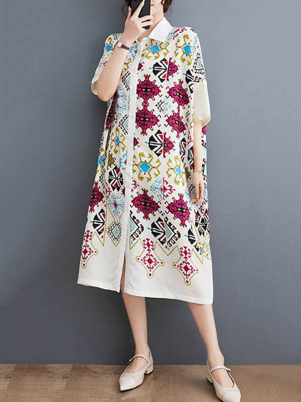 Ethnic Printed Loose Short Sleeves Lapel Midi Dresses
