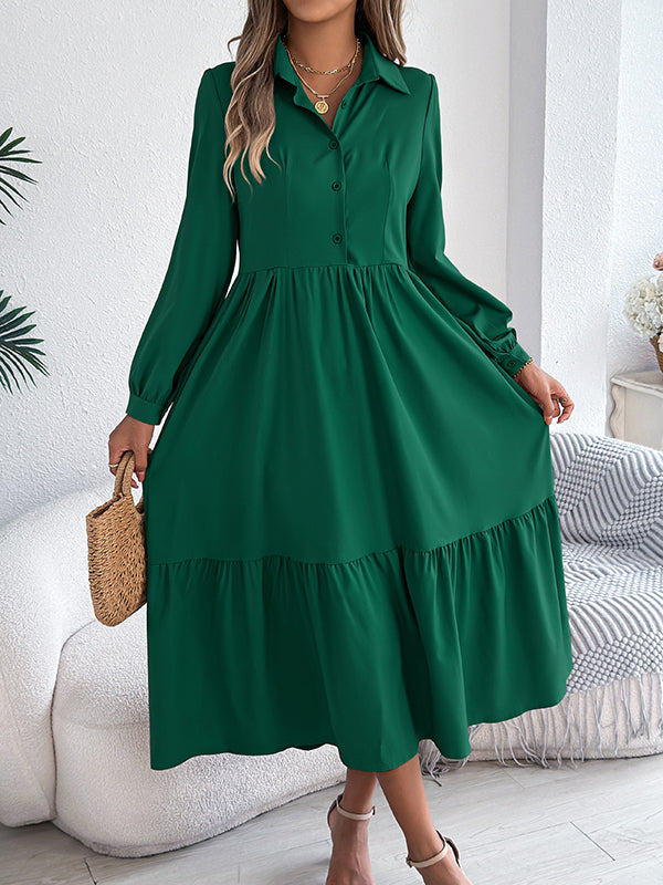 Pleated Ruffled Solid Color High Waisted Long Sleeves Lapel Shirt Dress Midi Dresses