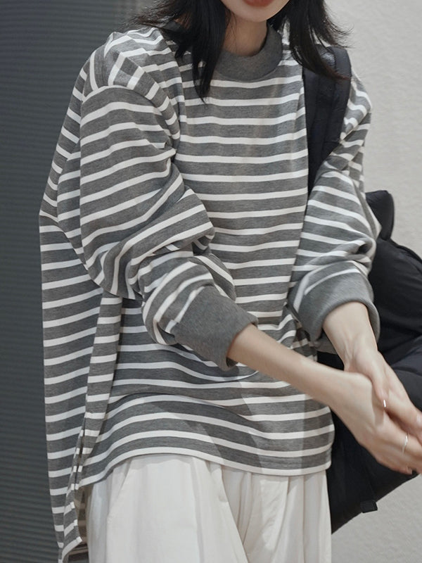 Contrast Color Split-Joint Split-side Striped Long Sleeves Loose Round-neck Sweatshirt Tops