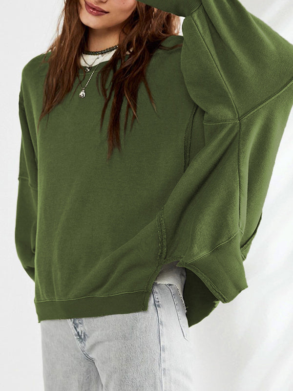 Fringed Solid Color Split-Joint Split-Side Long Sleeves Loose Round-Neck Sweatershirt