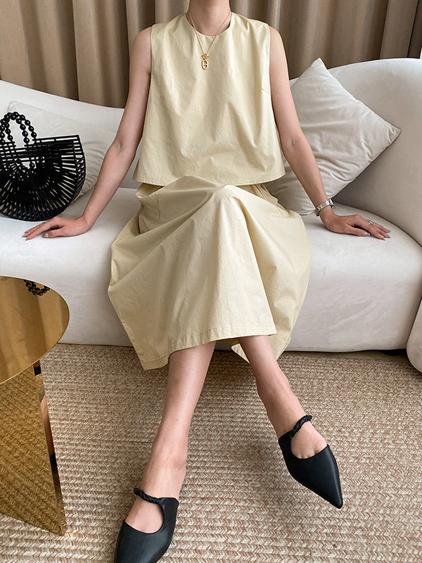 Solid Color Round-Neck Vest + High Waisted  Skirt Two Pieces Set