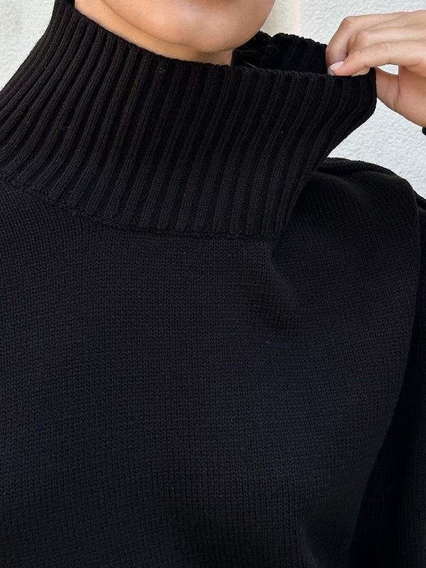 Solid Color Split-Joint Long Sleeves Loose High Neck Sweater Tops Pullovers
