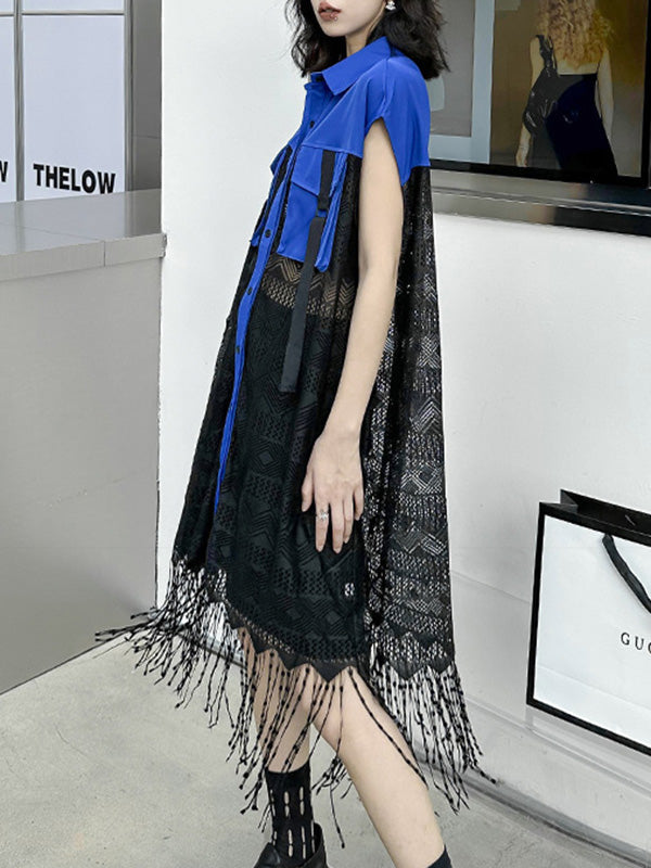 Sleeveless See-Through Split-Joint Tasseled Lapel Lace Midi Dresses