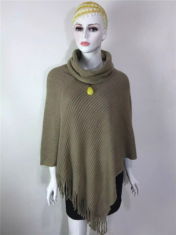 Asymmetric Keep Warm Solid Color Tasseled Loose High Neck Shawl&Cloak Cape