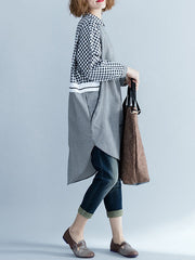Buttoned Contrast Color Plaid Split-Joint High-Low Loose Lapel Shirt Dress Midi Dresses