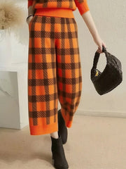 Contrast Color Plaid Pockets Wide Leg Pants