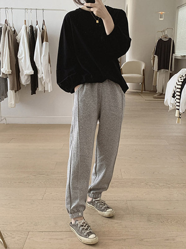 Pleated Solid Color Long Sleeves Loose Round-Neck T-Shirts Tops