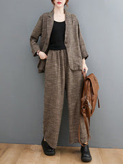 Vintage Ramie Cotton Notched Collar One Button Suits+Column Pants 2 Pieces Set