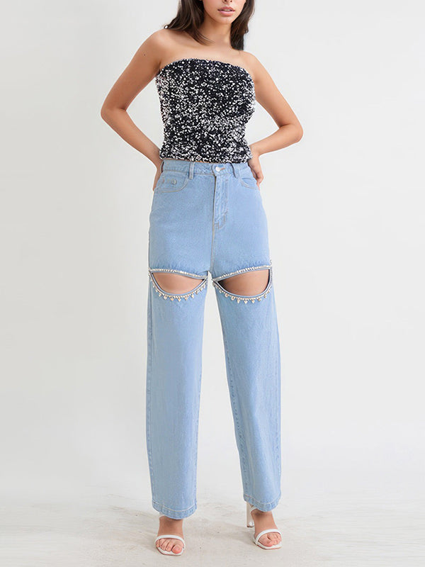 Hollow Rhine Stones High Waisted Loose Jean Pants Bottoms
