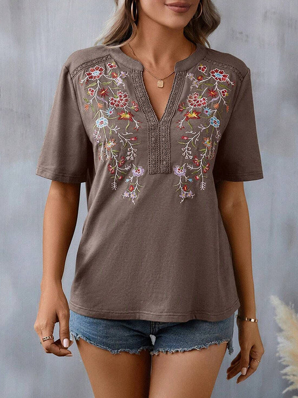 Embroidered Split-Joint Half Sleeves Loose V-Neck T-Shirts Tops
