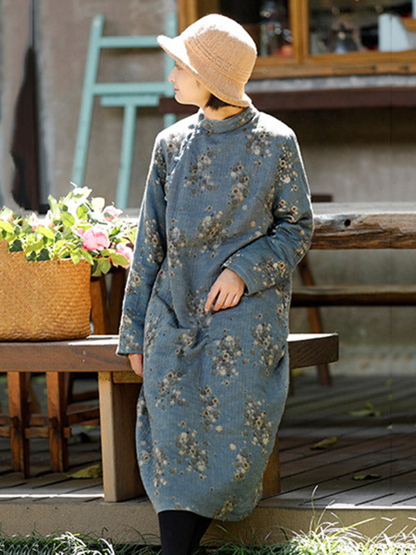 Vintage Loose Printed Keep Warm Velvet Midi Dress Long Cheongsam