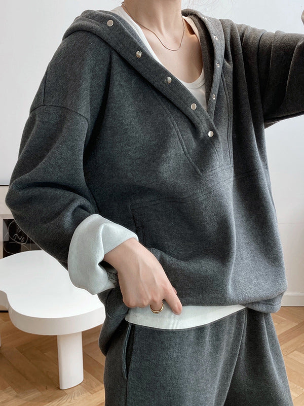 Loose Long Sleeves Split-Joint Hoodies + Elasticity Solid Color Pants Trousers Two Pieces Set