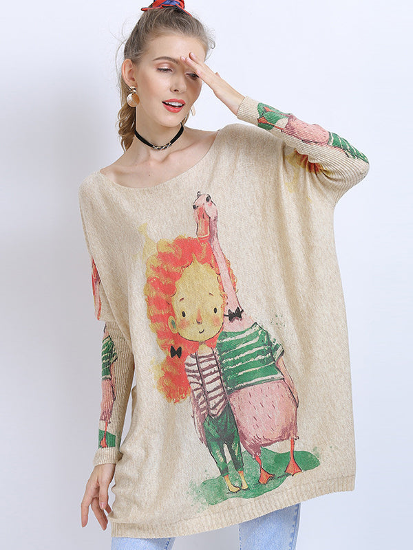 Urban Loose Batwing Sleeves Cartoon Printed Pullover